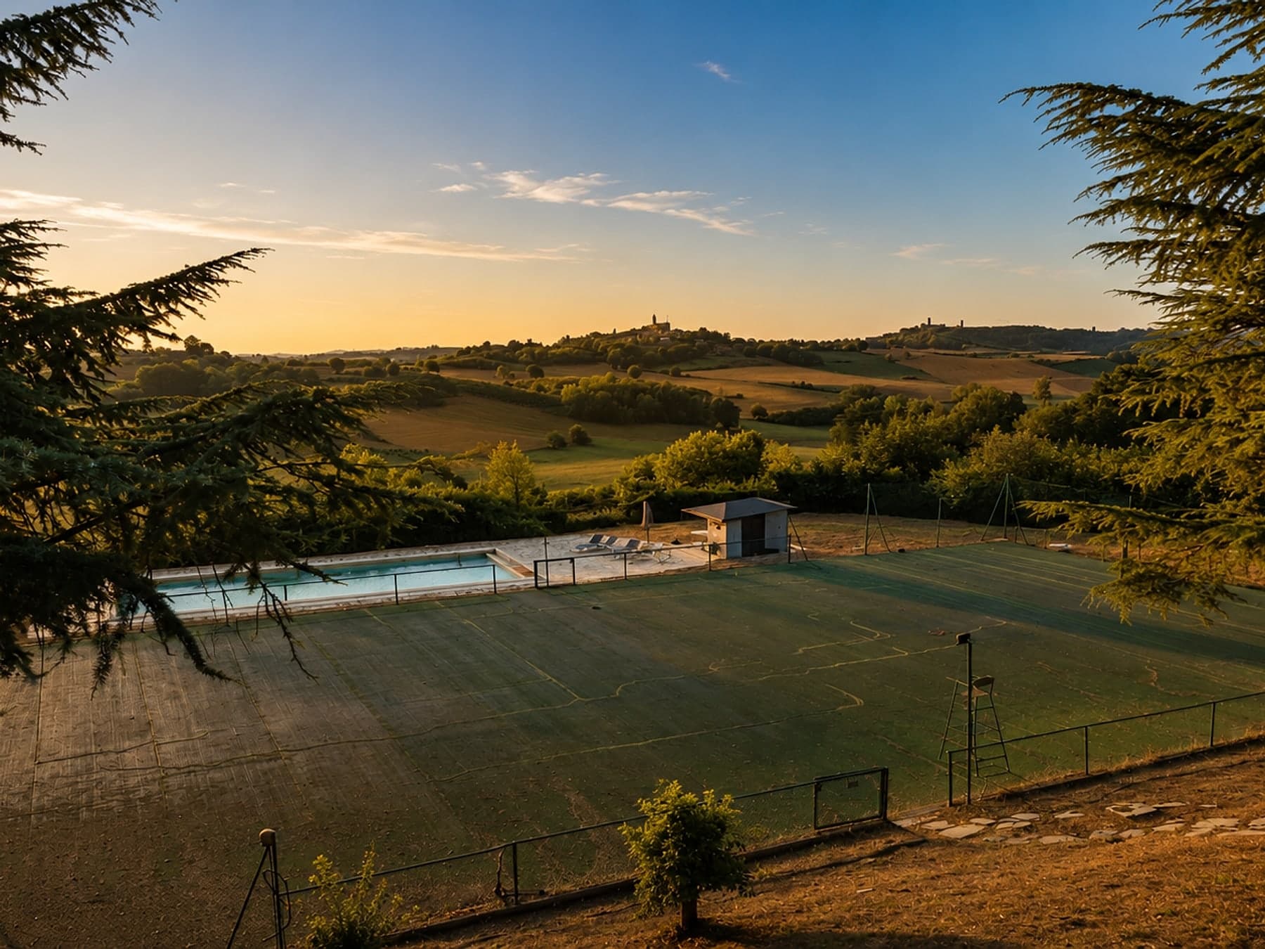 Il campo polivalente e la piscina visti dal parco alto, con le colline del Monferrato sullo sfondo